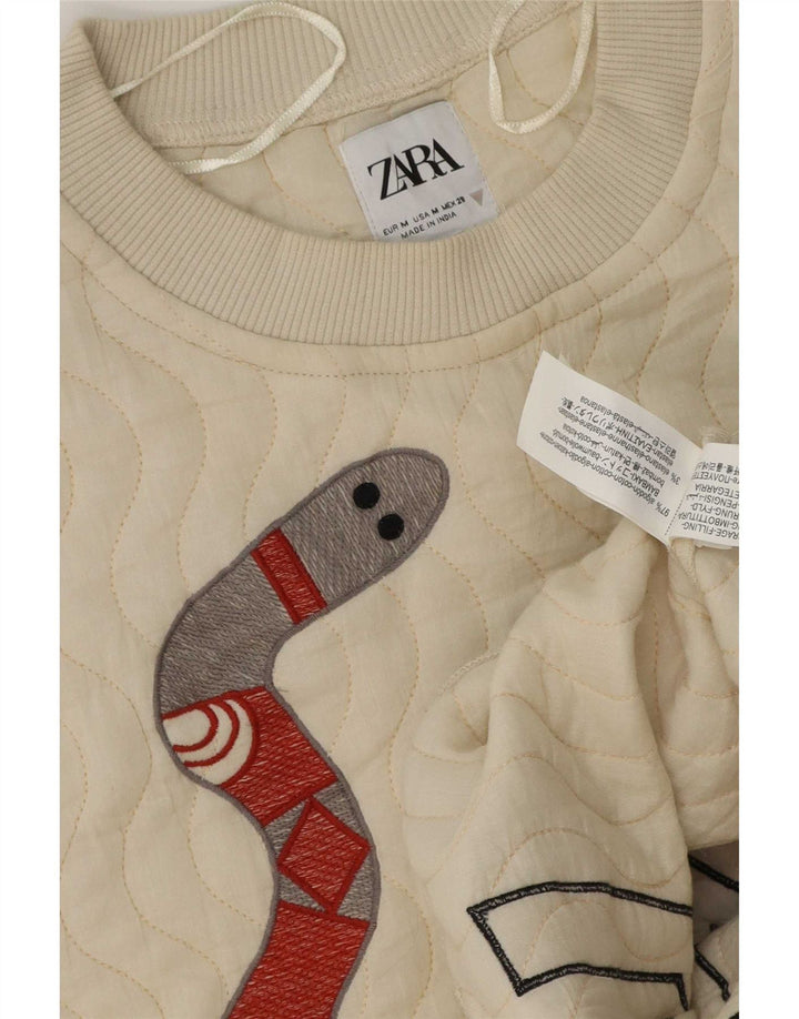 Felpa grafica da donna Zara, maglione UK 14, cotone bianco medio