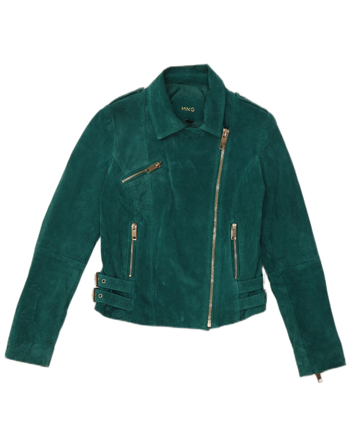 Mango Dame Crop Ruskind Biker Jacket UK 6 XS Grønt Læder