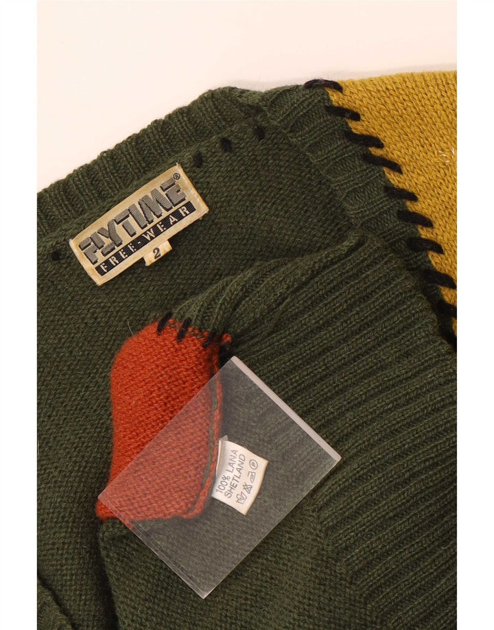 Vintage Damen Grafischer Cardigan Pullover UK 16 Große grüne Patchwork-Wolle