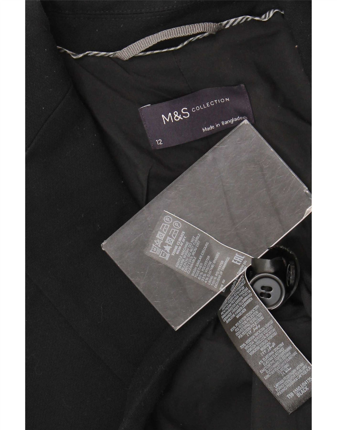 Jaqueta blazer feminina de 2 botões Marks & Spencer Reino Unido 12 poliéster preto médio