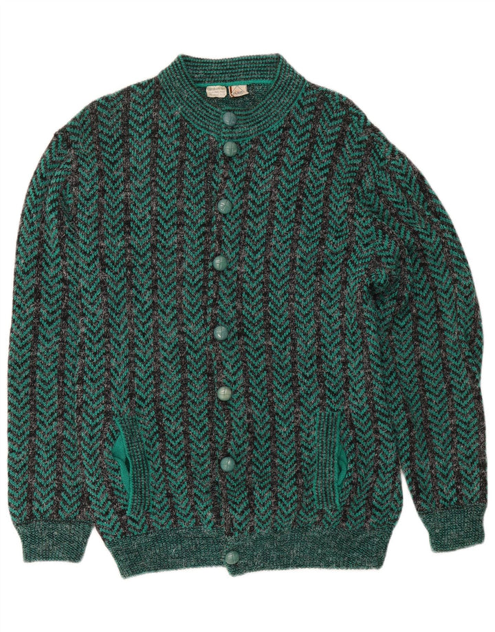 Vintage Mens Regular Fit Cardigan Sweater Medium Green Chevron Acrylic