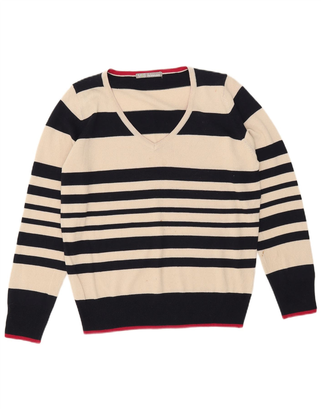 Marks & Spencer Womens V-Neck Jumper Sweater UK 12 Medium Off White Striped