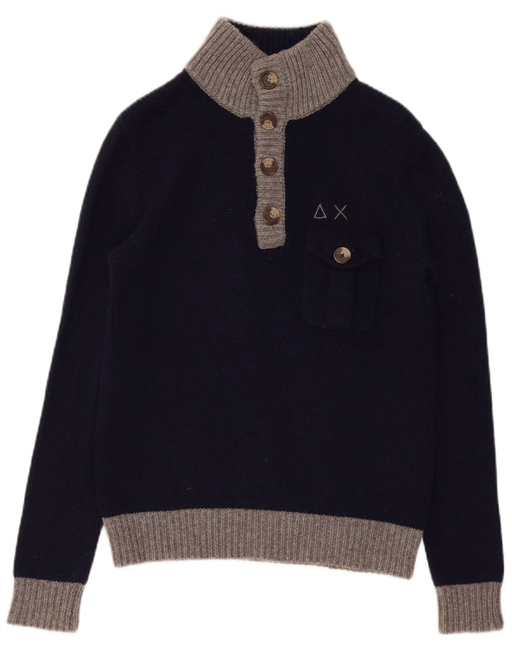 Sun68 Mens Regular Fit Button Neck Jumper Sweater Small Navy Blue Wool