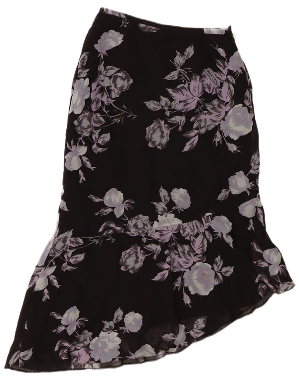Gonna asimmetrica da donna Laura Ashley UK 8 piccola W24 seta floreale nera