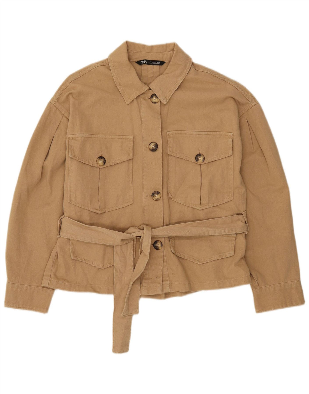 Zara Womens 3/4 Sleeve Oversized Utility Jacket UK 10 Small Beige Cotton