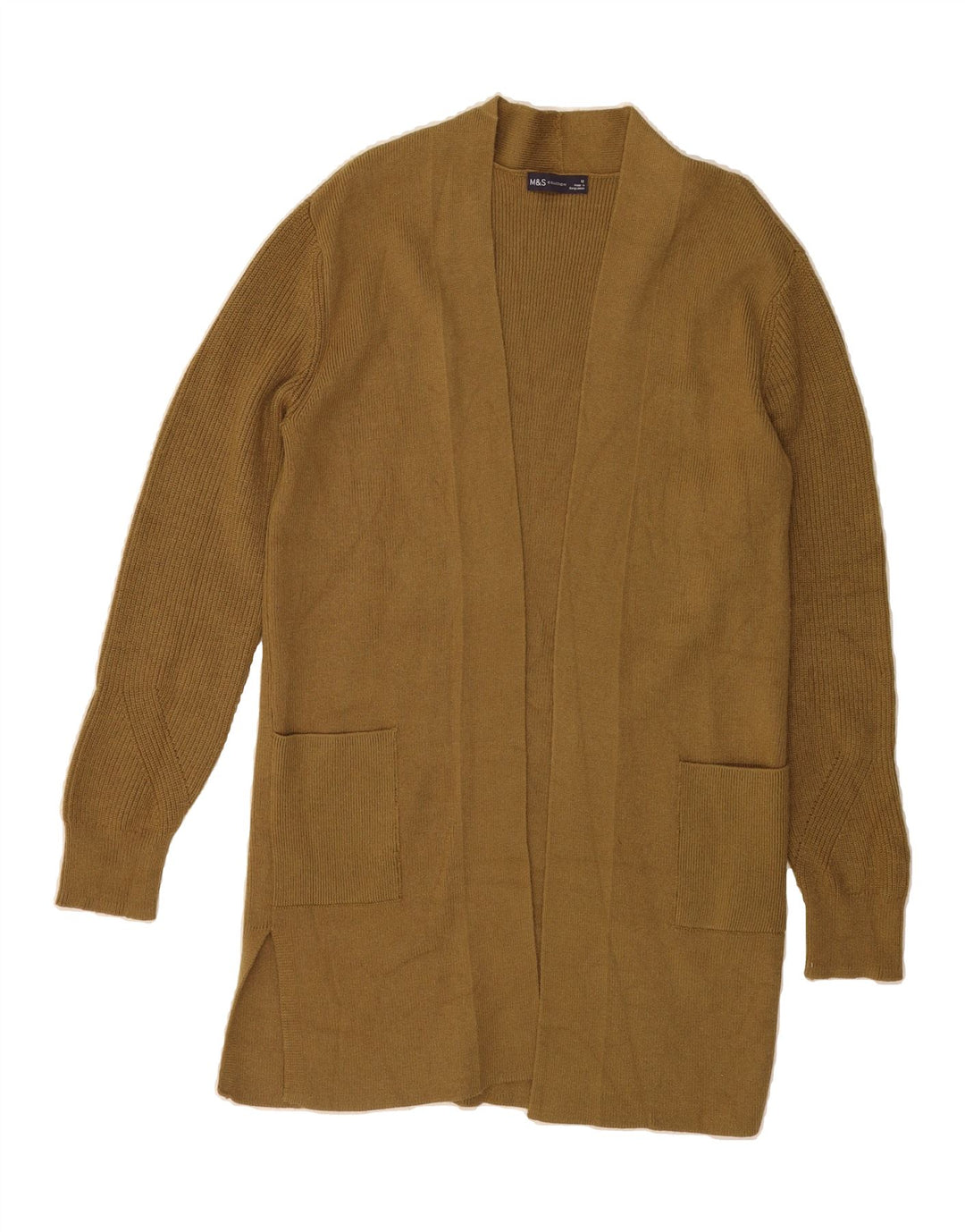 MARKS & SPENCER Womens Longline Open Cardigan Sweater UK 12 Medium Khaki Vintage Marks & Spencer and Second-Hand Marks & Spencer from Messina Hembry 