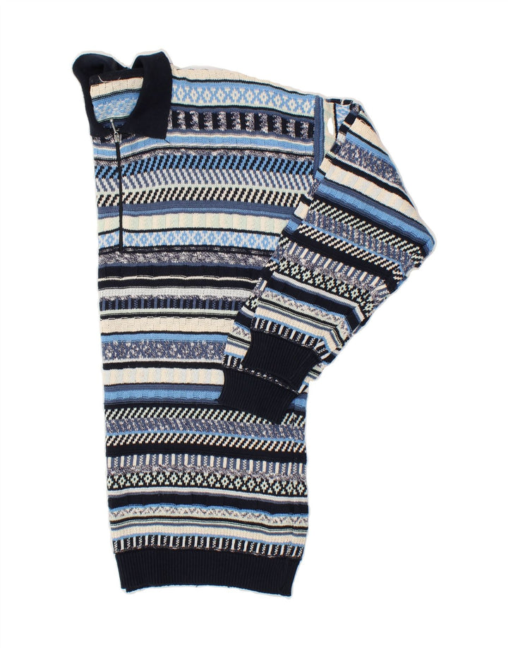 VINTAGE Mens Polo Neck Jumper Sweater Large Blue Striped