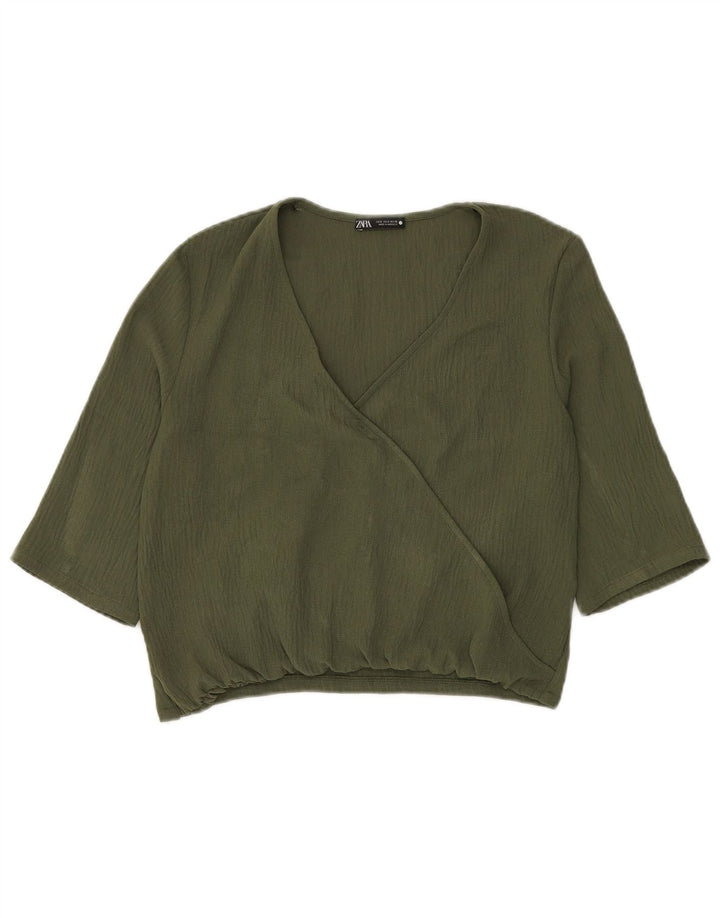 Zara Womens Crop Top 3/4 ærme UK 10 Small Green