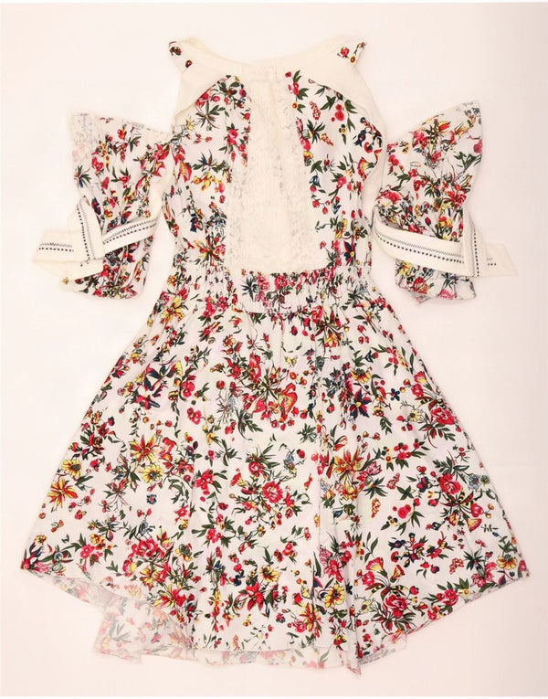 Vintage Womens 3/4 Sleeve Asymmetrical Dress UK 14 Medium White Floral