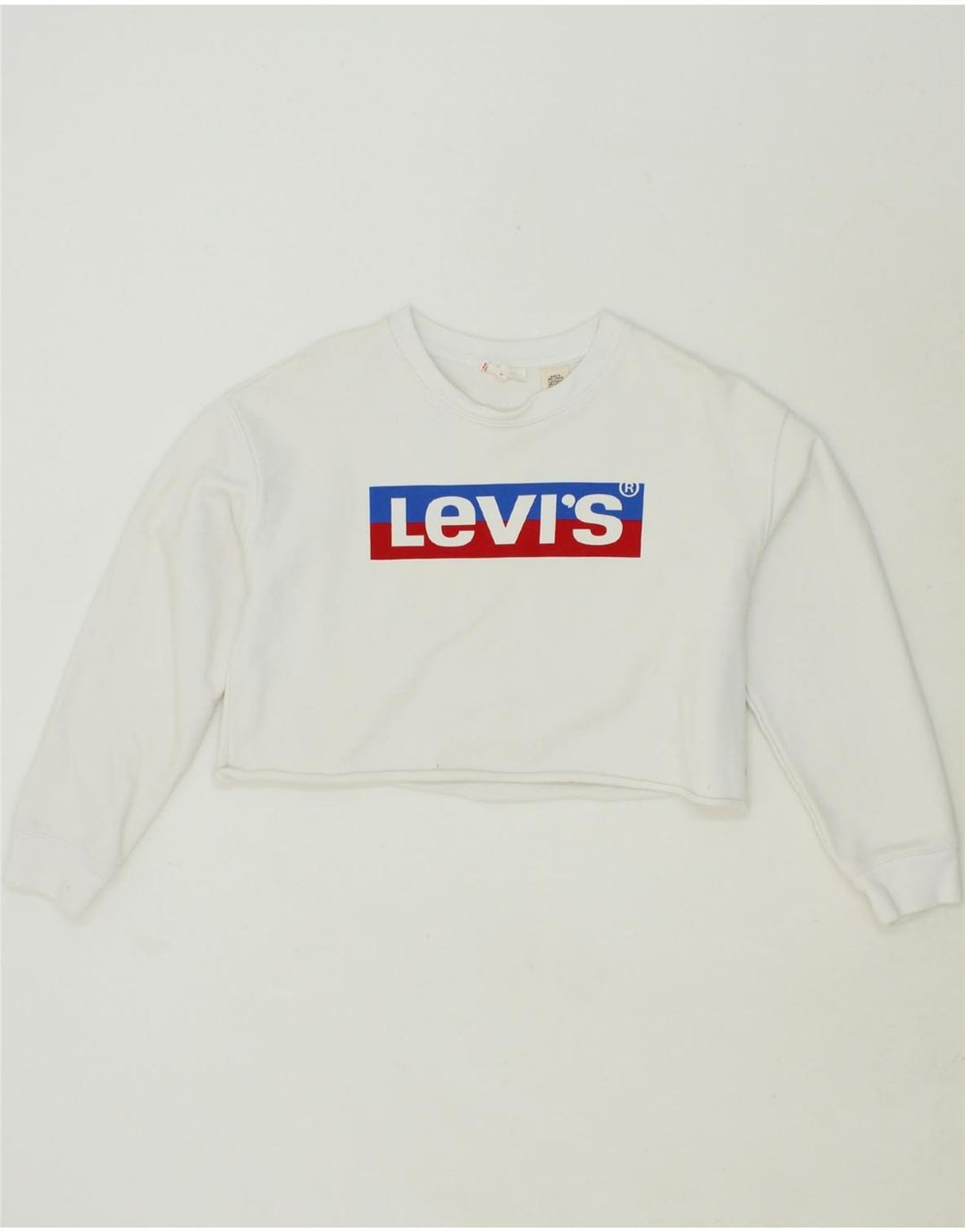 LEVI'S Womens Oversized Crop Graphic Sweatshirt Jumper UK 6 XS White Vintage Levi's and Second-Hand Levi's from Messina Hembry 