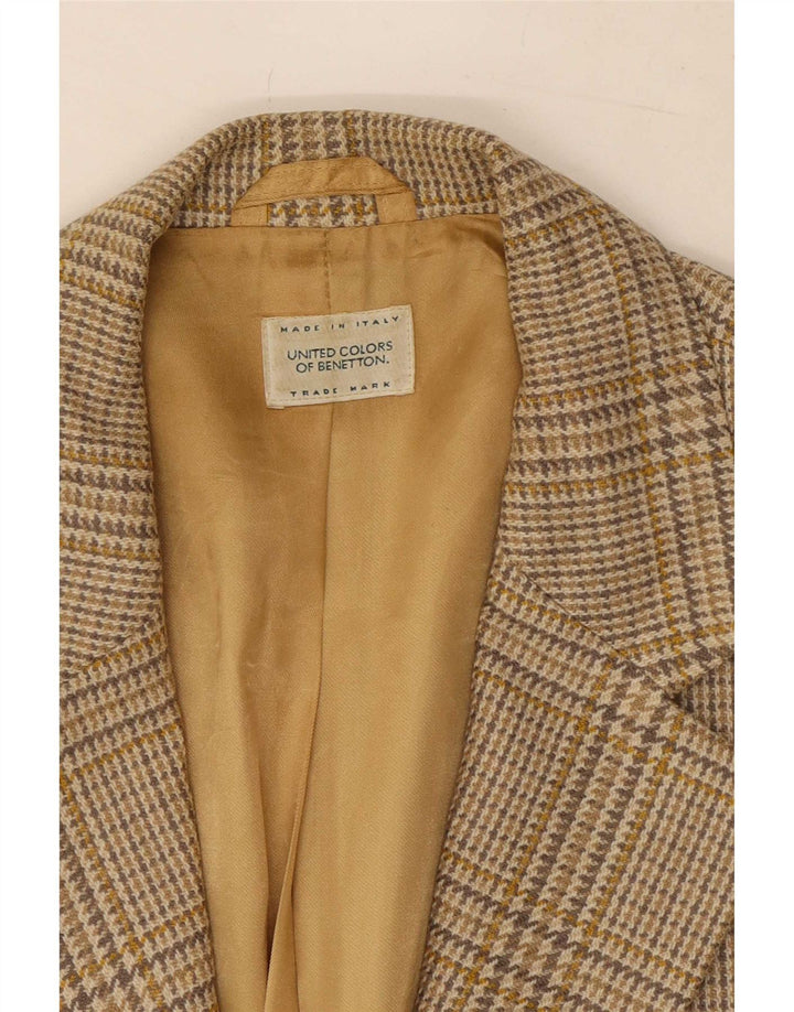 Benetton Womens 2 Button Blazer Jacket IT 46 Large Beige Houndstooth Wool