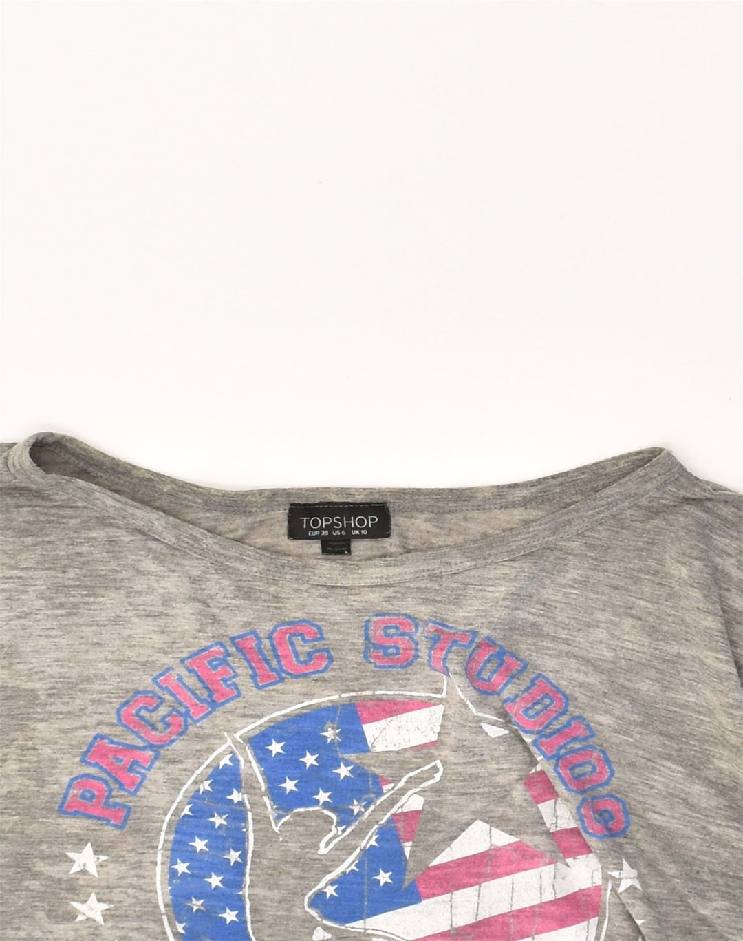 TOPSHOP Womens Oversized Crop Graphic Top 3/4 Sleeve UK 10 Small Grey | Vintage Topshop | Thrift | Second-Hand Topshop | Used Clothing | Messina Hembry 