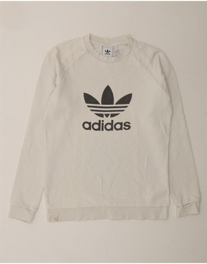 ADIDAS Mens Graphic Sweatshirt Jumper Small White Cotton Vintage Adidas and Second-Hand Adidas from Messina Hembry 