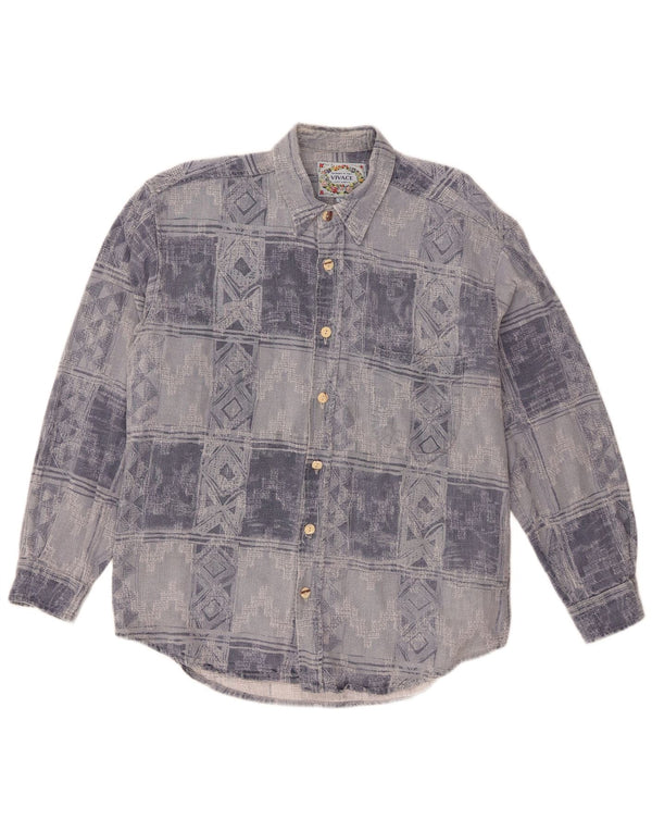 Vintage Mens Flannel Shirt Large Blue Geometric Cotton