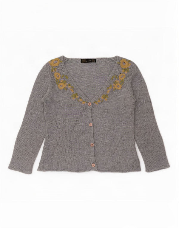Zara Womens Crop 3/4 Sleeve Cardigan Sweater UK 12 Medium Blue Floral