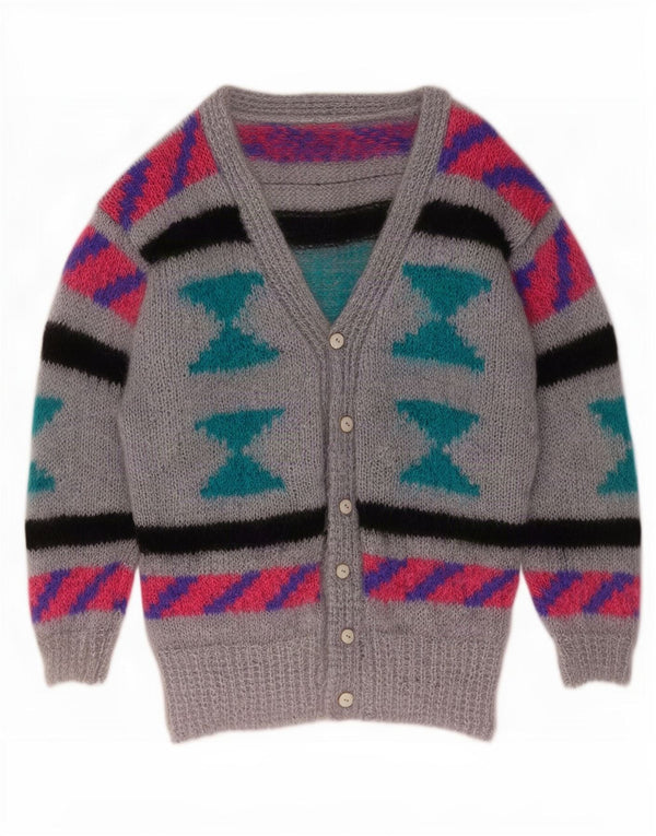 vintage Womens Cardigan Sweater UK 10 Petit Gris Géométrique