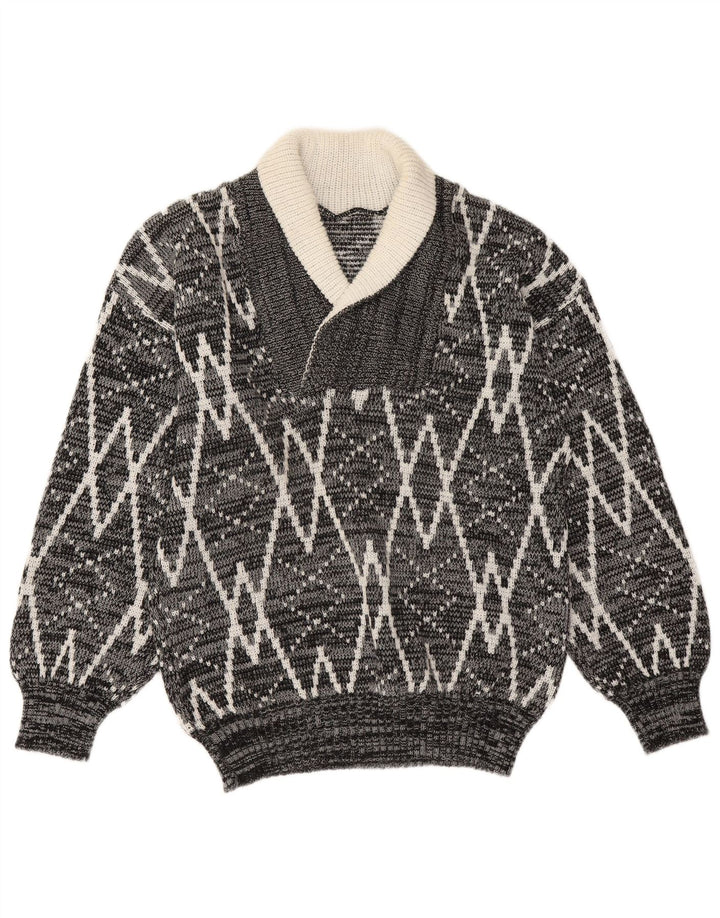 Vintage herre sjal hals sweater mellemgrå geometrisk