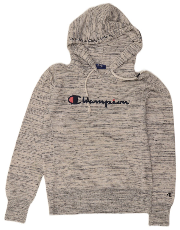 Champion Womens Graphic Hoodie Jumper UK 10 Small Grey Flecked Cotton
