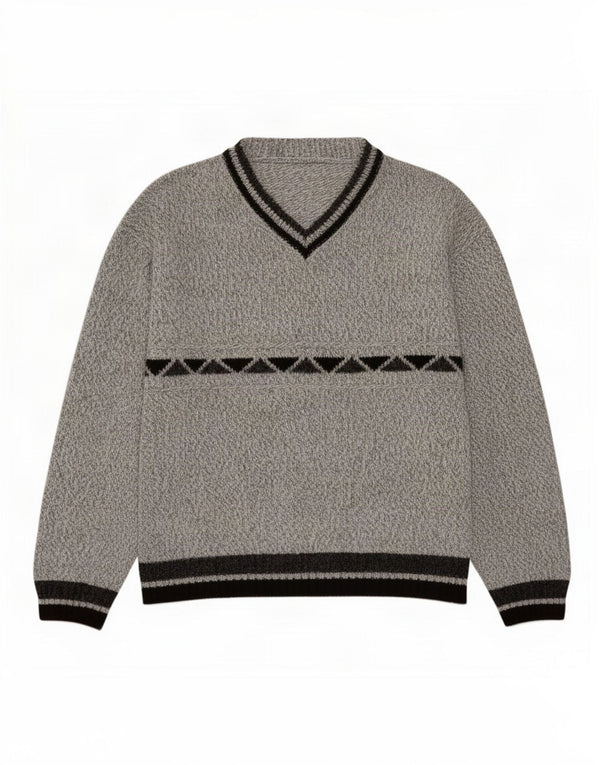 Vintage Mens V-Neck Jumper Sweater Medium Grey Geometric Acrylic