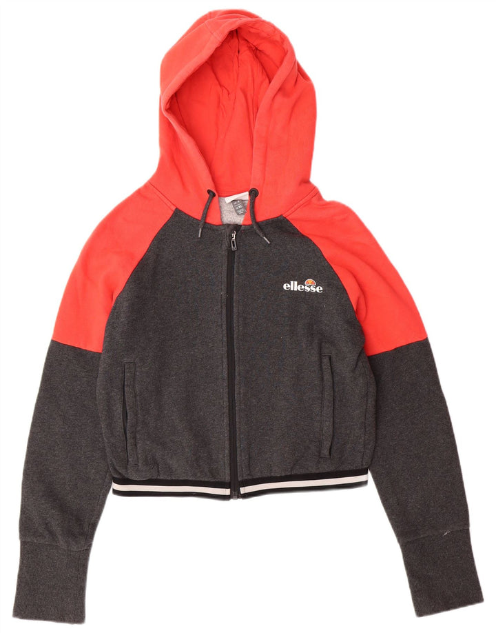 Suéter feminino ELLESSE com capuz e zíper oversized UK 6 XS cinza bloco de cores