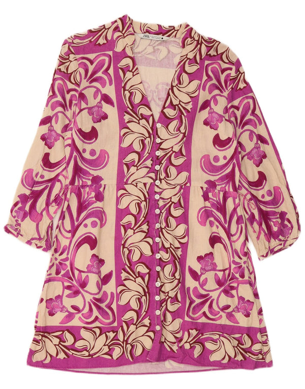 Zara skjortekjole med 3/4 ærmer til kvinder UK 12 Medium Pink Floral Linen