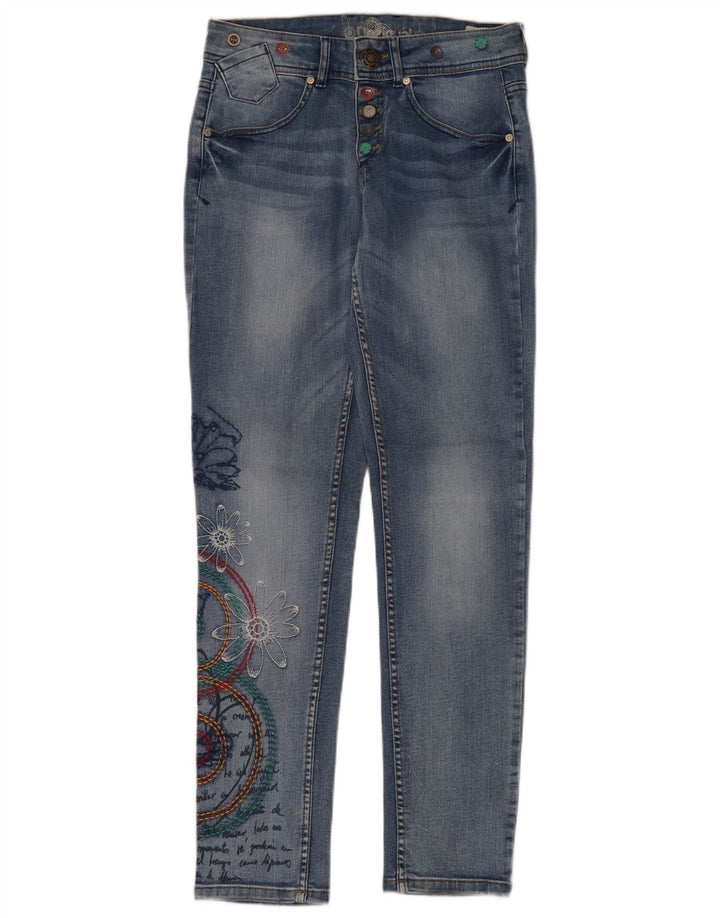 DESIGUAL Womens Graphic Slim Jeans W24  L32 Blue Floral Polyester