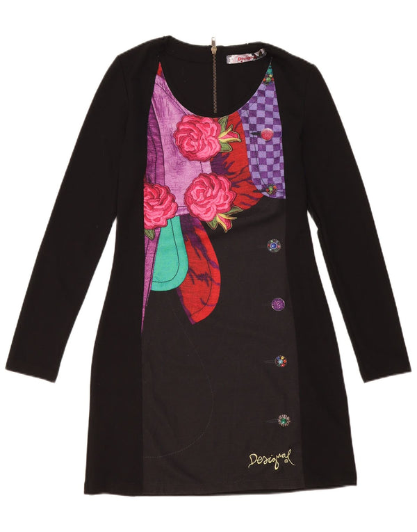 Desigual Robe fourreau graphique à manches longues pour femme UK 12 Medium Noir Floral
