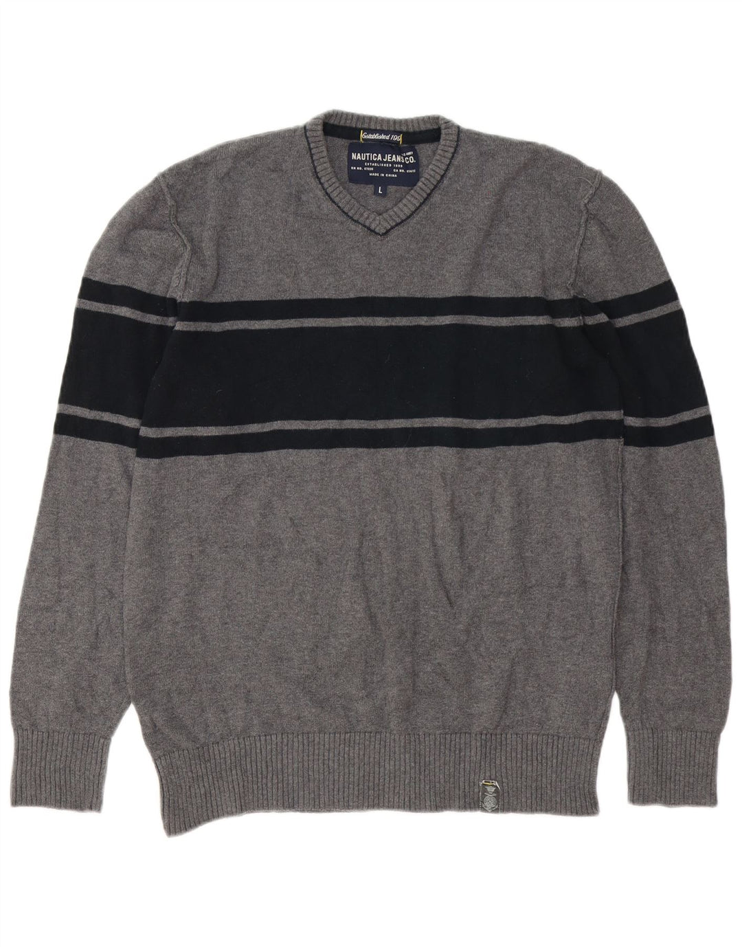 Nautica Mens V-Neck Jumper Sweater Large Grey Cotton