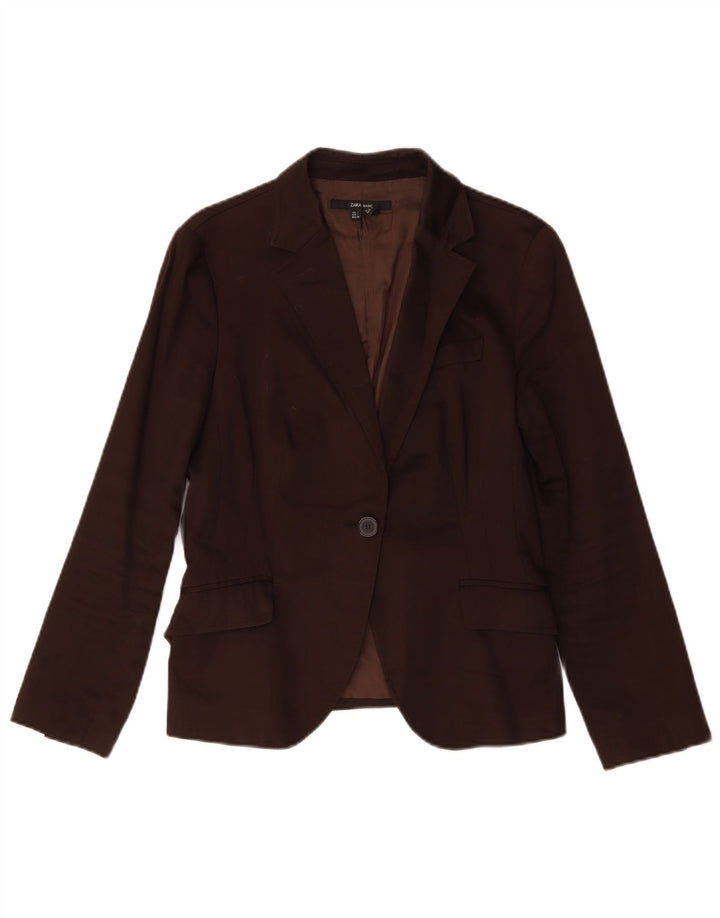 Zara Womens 1 Button Blazer Jacket UK 14 Large Marron Coton
