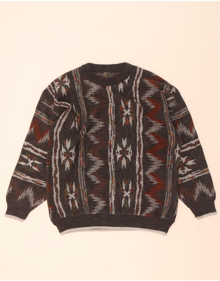 Vintage męski sweter z okrągłym dekoltem, średnio szary, geometryczny