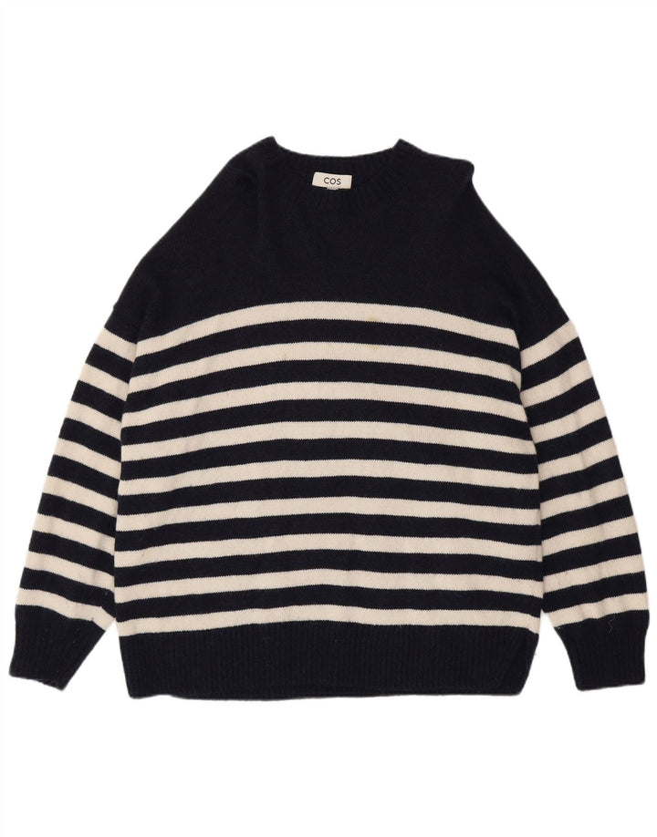 Cos Womens Crew Neck Jumper Sweater UK 14 Medium Navy Blue Striped Wool