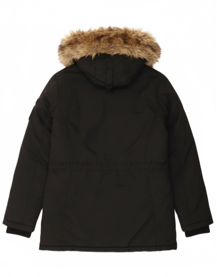 Superdry Womens Hooded Parka Jacket UK 12 Medium Black Nylon