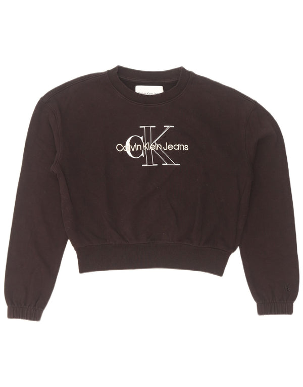 Calvin Klein Jeans Dame Crop Graphic Sweatshirt Jumper UK 10 Small Black