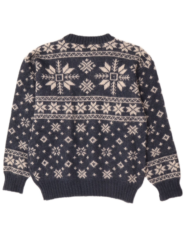 Vintage Mens Crew Neck Jumper Sweater Small Navy Blue Fair Isle Wool