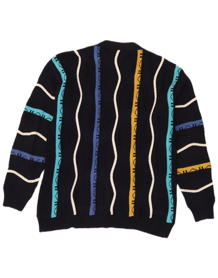 Vintage Mens Cardigan Sweater Medium Navy Blue Striped Cotton