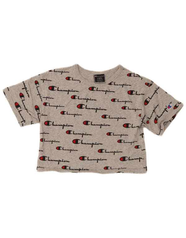 Champion Womens Crop Graphic T-Shirt Top UK 6 XS Grey Flecked