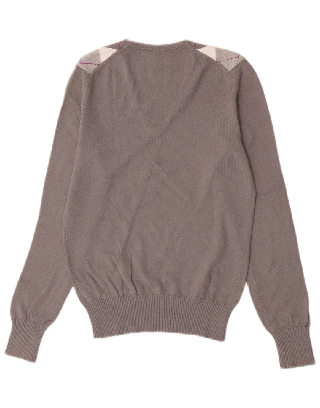 Benetton Womens V-Neck Jumper Sweater UK 10 Small Grey Argyle/Diamond