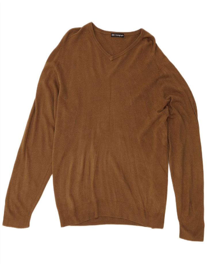 Marks & Spencer Mens V-Neck Jumper Sweater Large Brown Acrylic