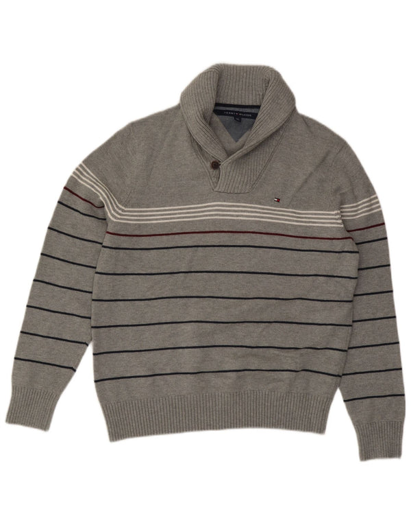 Tommy Hilfiger Mens Shawl Neck Jumper Sweater Large Grey Striped Cotton