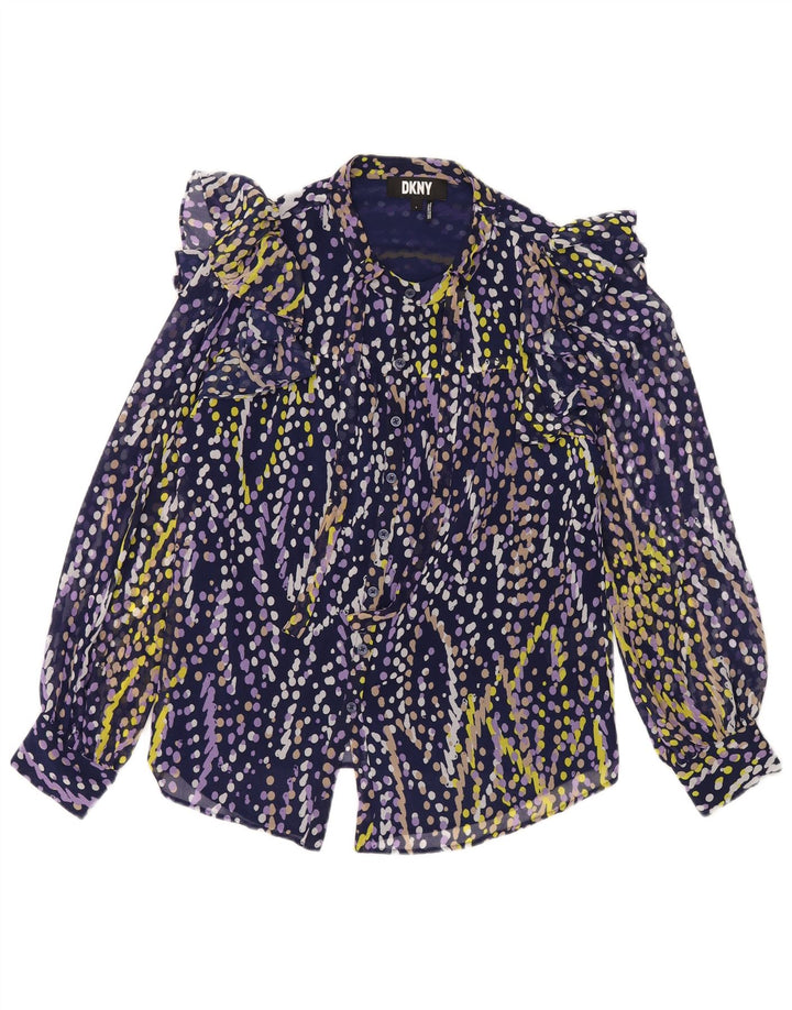 Dkny Womens Ruffle Front Shirt Blouse UK 16 Large Navy Blue Spotted