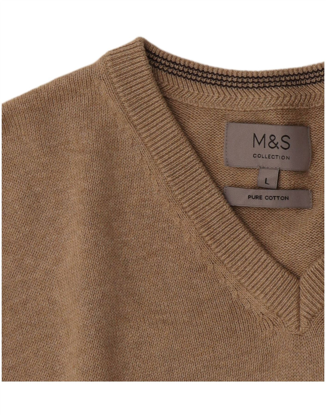 MARKS & SPENCER Mens V-Neck Jumper Sweater Large Brown Cotton