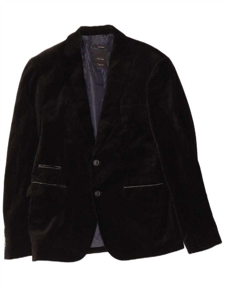 Zara Herre Velvet 2 Button Blazer Jacket EU 40 Medium Sort Bomuld