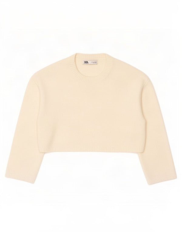 Zara Womens Crop Crew Neck Jumper Sweater UK 14 Medium Off White Nylon