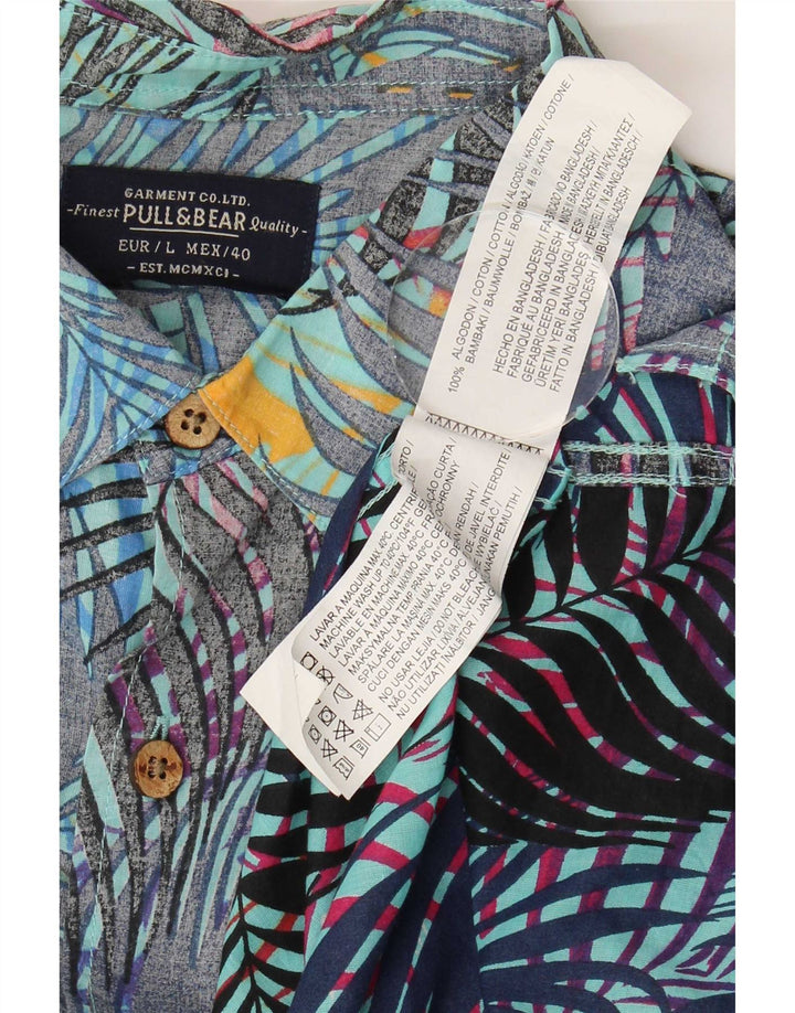 Pull & Bear Mens Short Sleeve Shirt Large Blue Floral Cotton Hawaiian