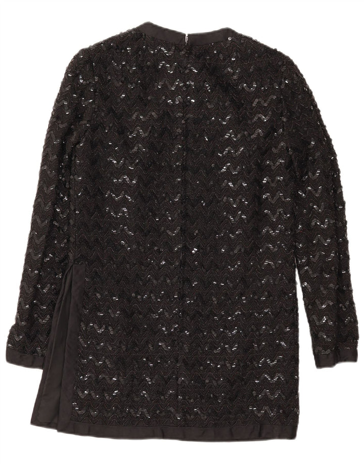 Vintage Womens Long Sleeve Sequin Tunic Top UK 10 Small Black Chevron