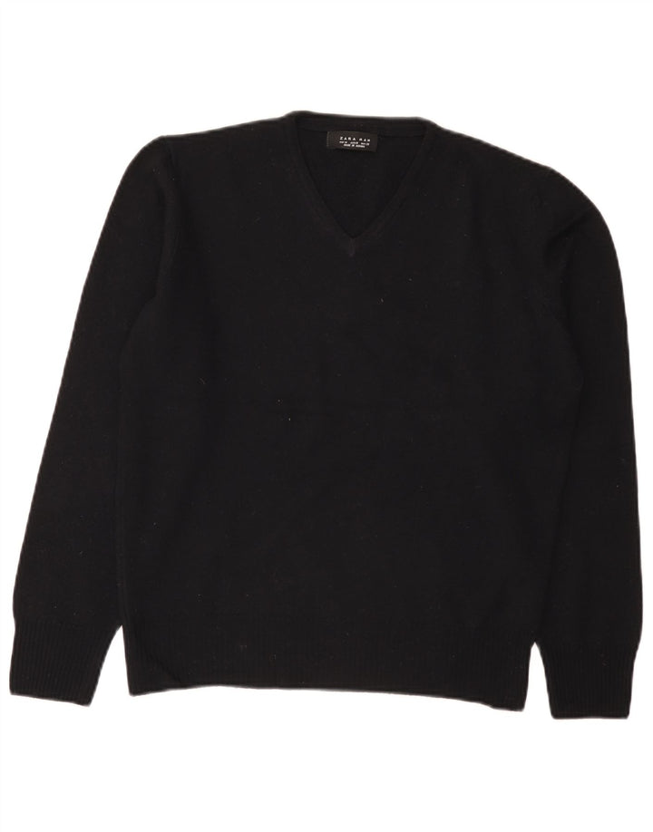 Zara Mens V-Neck Jumper Sweater Medium Black Wool
