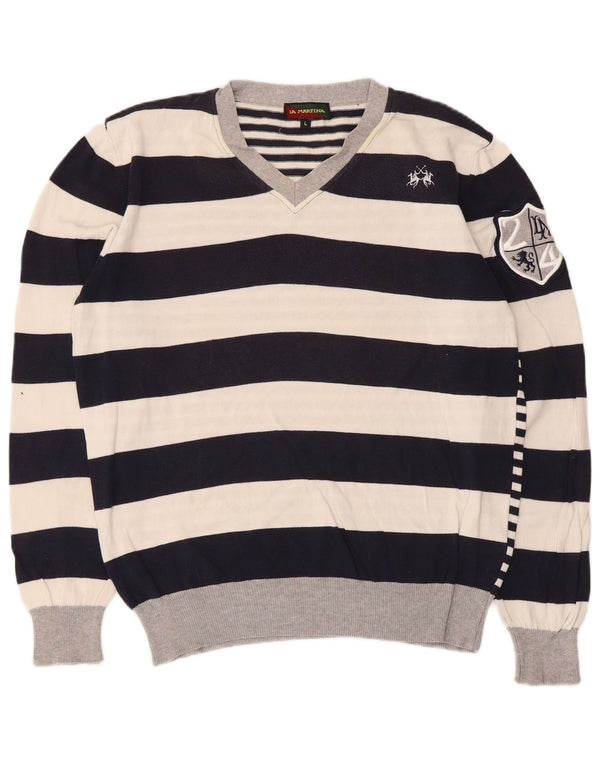 La Martina Damen-Pullover mit grafischem V-Ausschnitt, Gr. 42, Größe L, weiß gestreift