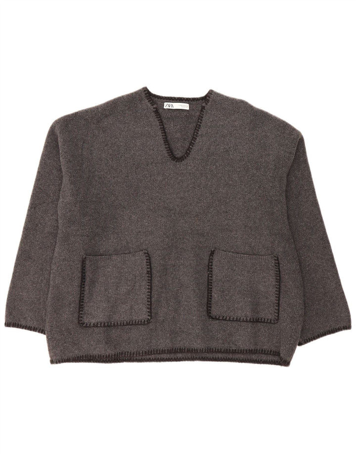 Zara Womens Oversized V-Neck Jumper Sweater UK 14 Medium Grey Polyester