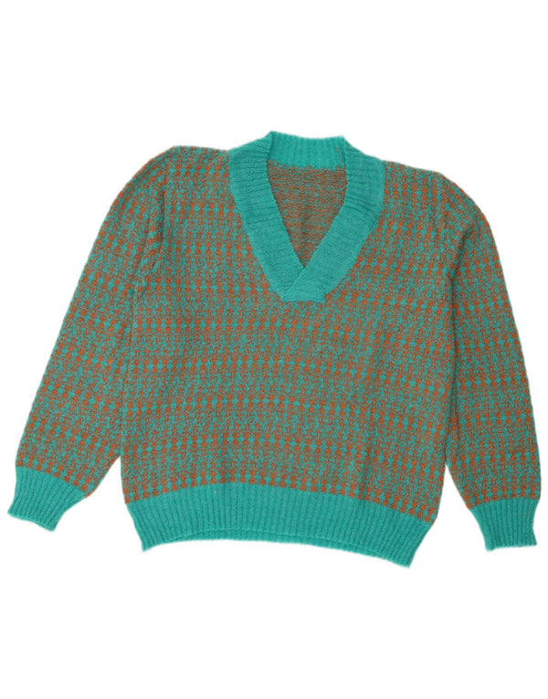 Vintage Womens V-Neck Jumper Sweater UK 16 Large Blue Striped