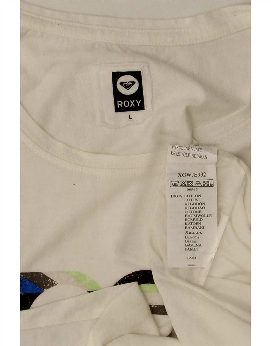 ROXY Womens Graphic T-Shirt Top UK 14 Large White Cotton Vintage Roxy and Second-Hand Roxy from Messina Hembry 